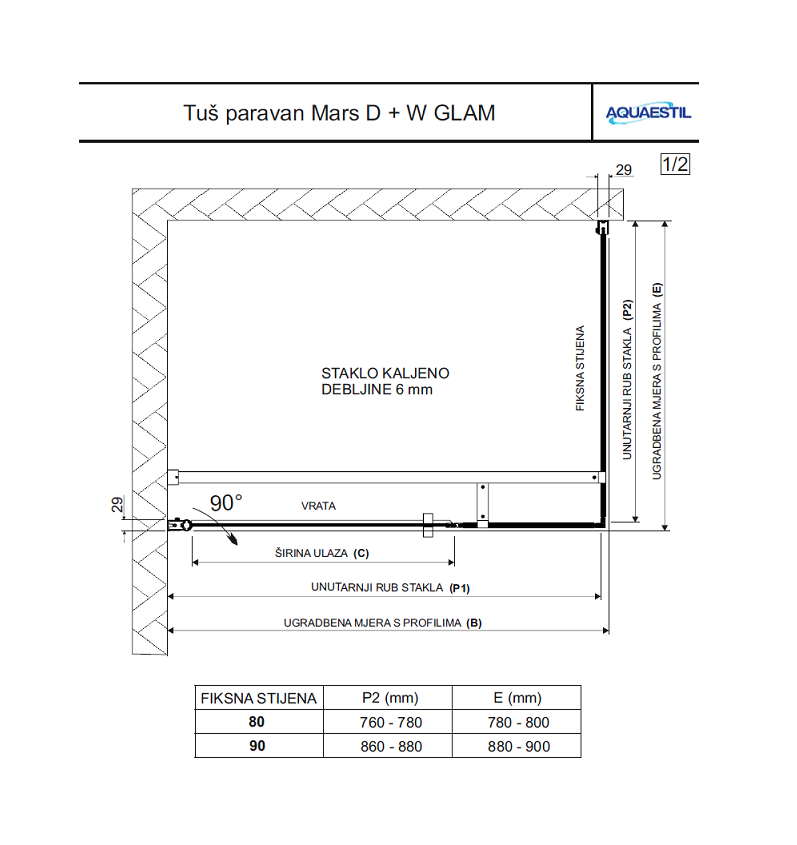 TUŠ KABINA MARS GLAM D+W 120 X 80 CRNO PROZIRNO