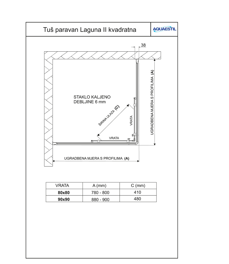 TUŠ KABINA LAGUNA  90 KUTNA SILVER/PROZIRNO