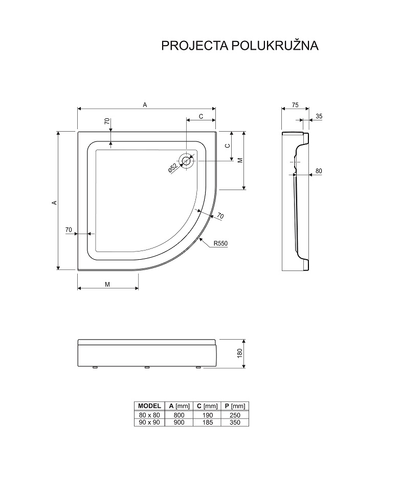 TUŠ KADA PROJECTA 80X80 POLUKRUŽNA